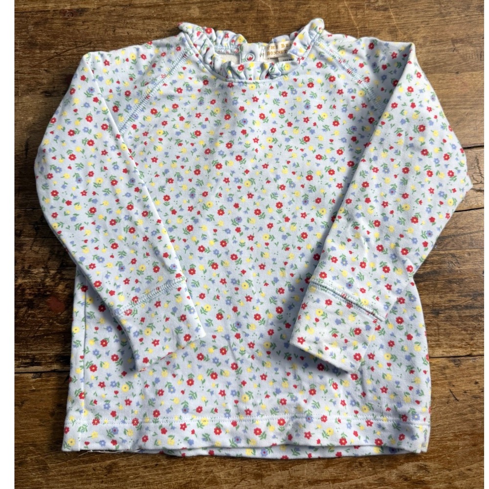 The Beaufort Bonnet Company Blue Floral Ruffle Neck Long Sleeve Top 2T Girls
